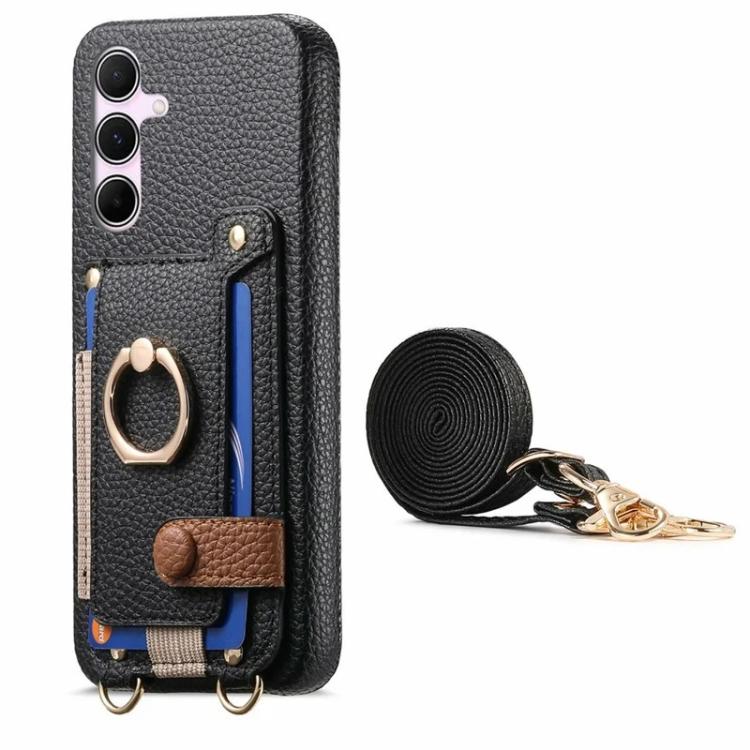 For Samsung Galaxy A55 5G Litchi Texture Card Bag Ring Holder Vegan Leather + PC Phone Case with Shoulder Strap