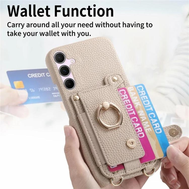 For Samsung Galaxy A55 5G Litchi Texture Card Bag Ring Holder Vegan Leather + PC Phone Case with Shoulder Strap