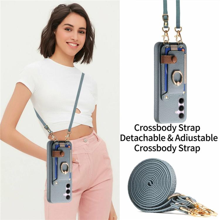 For Samsung Galaxy A55 5G Litchi Texture Card Bag Ring Holder Vegan Leather + PC Phone Case with Shoulder Strap