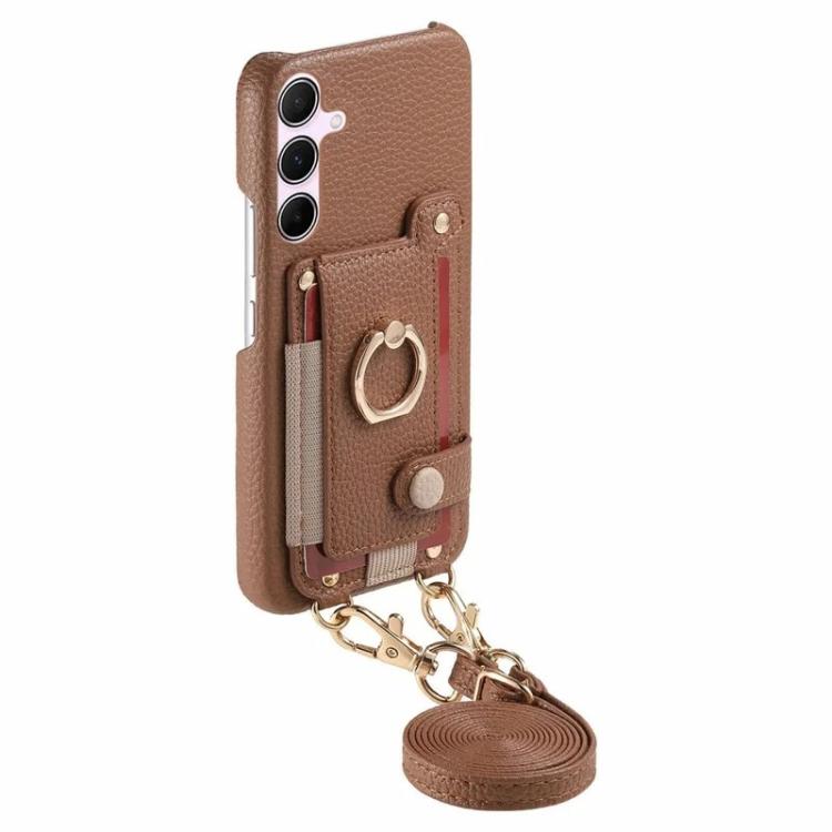 For Samsung Galaxy A55 5G Litchi Texture Card Bag Ring Holder Vegan Leather + PC Phone Case with Shoulder Strap