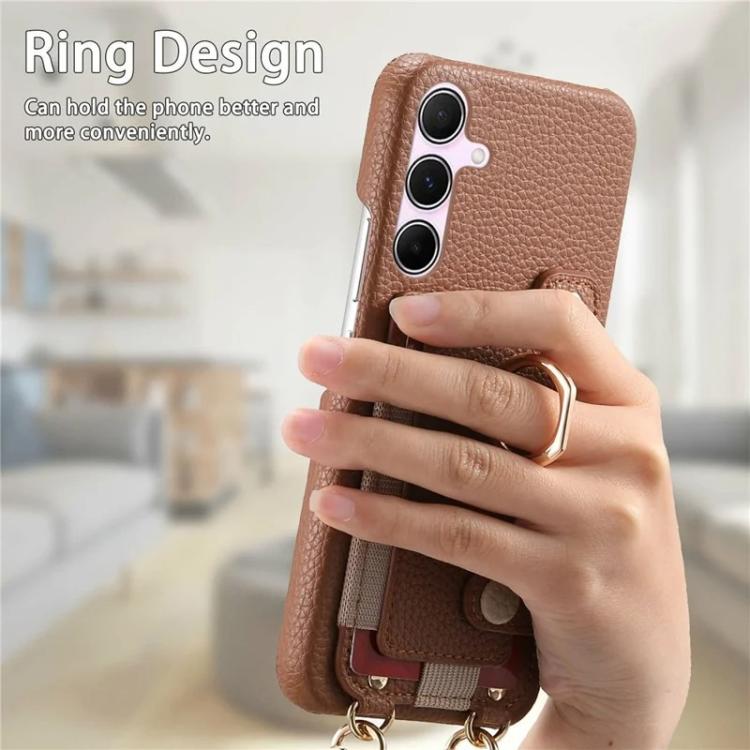 For Samsung Galaxy A55 5G Litchi Texture Card Bag Ring Holder Vegan Leather + PC Phone Case with Shoulder Strap