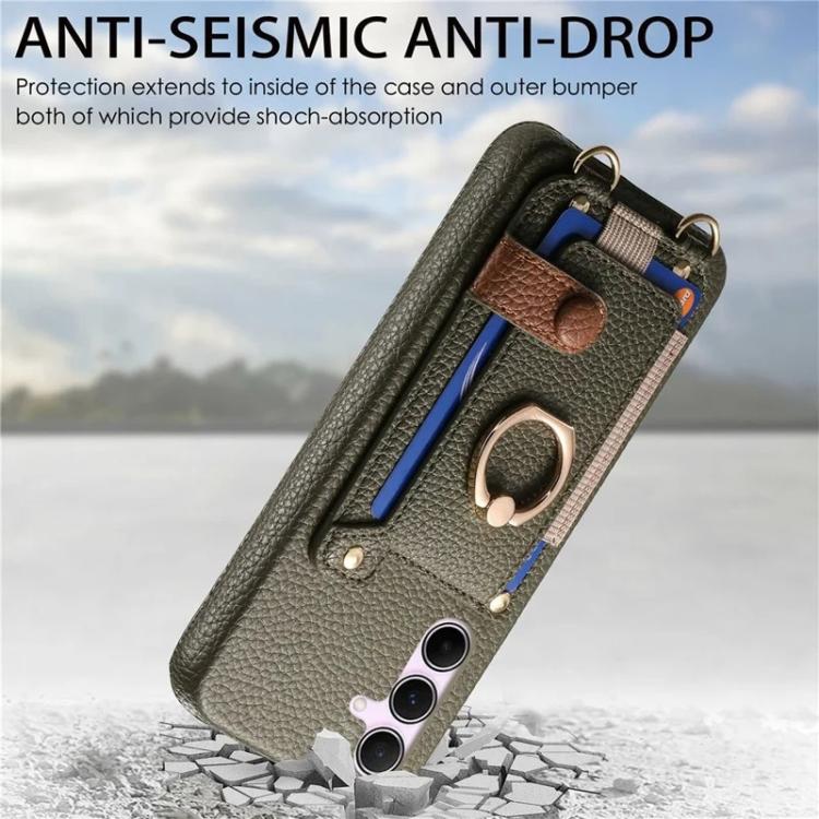 For Samsung Galaxy A56 5G Litchi Texture Card Bag Ring Holder Vegan Leather + PC Phone Case with Shoulder Strap