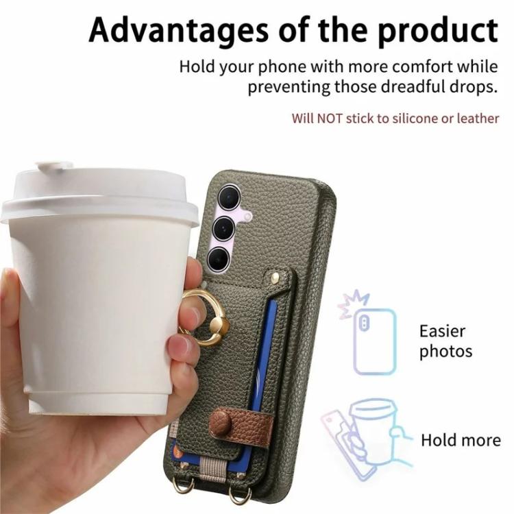 For Samsung Galaxy A56 5G Litchi Texture Card Bag Ring Holder Vegan Leather + PC Phone Case with Shoulder Strap