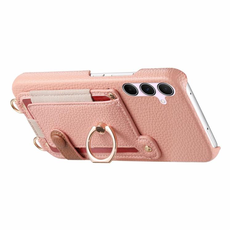 For Samsung Galaxy A56 5G Litchi Texture Card Bag Ring Holder Vegan Leather + PC Phone Case with Shoulder Strap