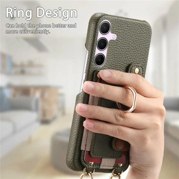 For Samsung Galaxy A57 5G Litchi Texture Card Bag Ring Holder Vegan Leather + PC Phone Case with Shoulder Strap