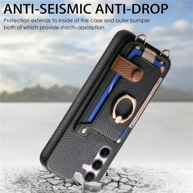 For Samsung Galaxy A57 5G Litchi Texture Card Bag Ring Holder Vegan Leather + PC Phone Case with Shoulder Strap