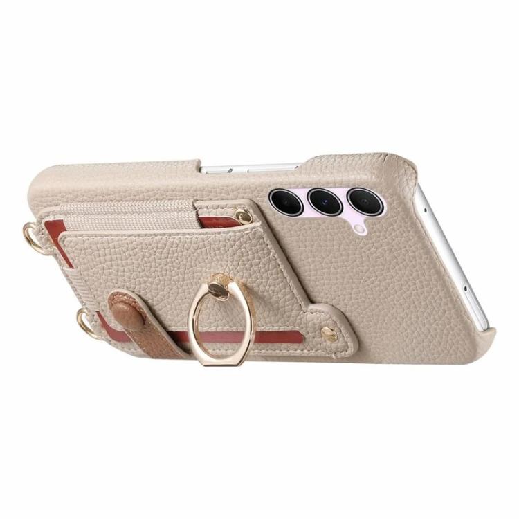 For Samsung Galaxy A57 5G Litchi Texture Card Bag Ring Holder Vegan Leather + PC Phone Case with Shoulder Strap
