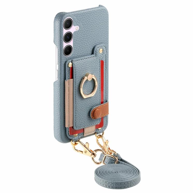 For Samsung Galaxy A57 5G Litchi Texture Card Bag Ring Holder Vegan Leather + PC Phone Case with Shoulder Strap