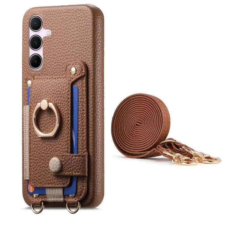 For Samsung Galaxy A57 5G Litchi Texture Card Bag Ring Holder Vegan Leather + PC Phone Case with Shoulder Strap