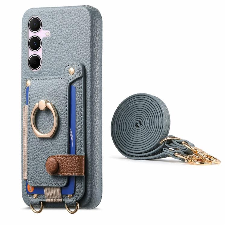 For Samsung Galaxy S23 5G Litchi Texture Card Bag Ring Holder Vegan Leather + PC Phone Case with Shoulder Strap
