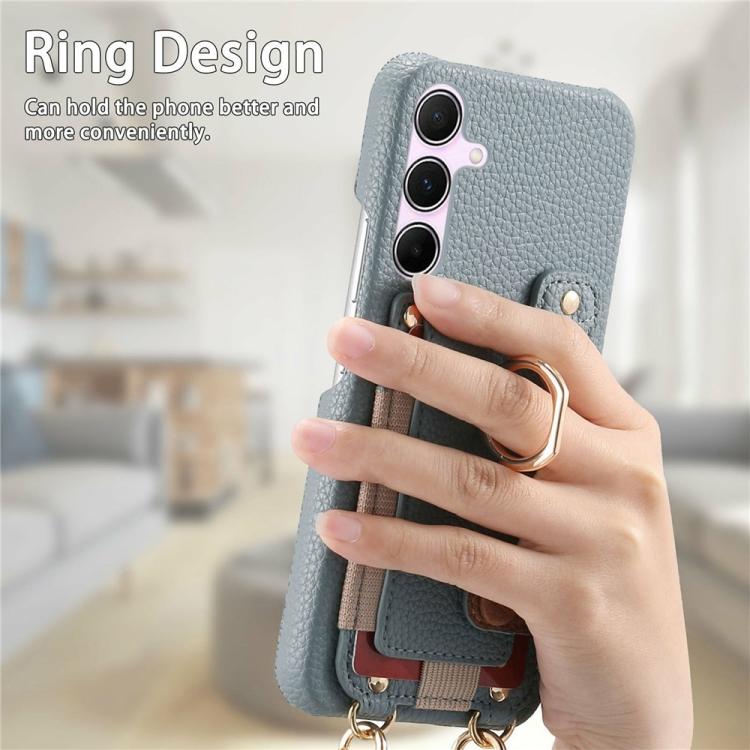 For Samsung Galaxy S23 5G Litchi Texture Card Bag Ring Holder Vegan Leather + PC Phone Case with Shoulder Strap