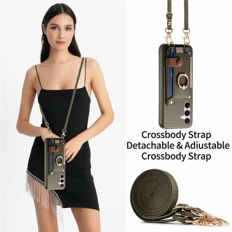 For Samsung Galaxy S24 5G Litchi Texture Card Bag Ring Holder Vegan Leather + PC Phone Case with Shoulder Strap