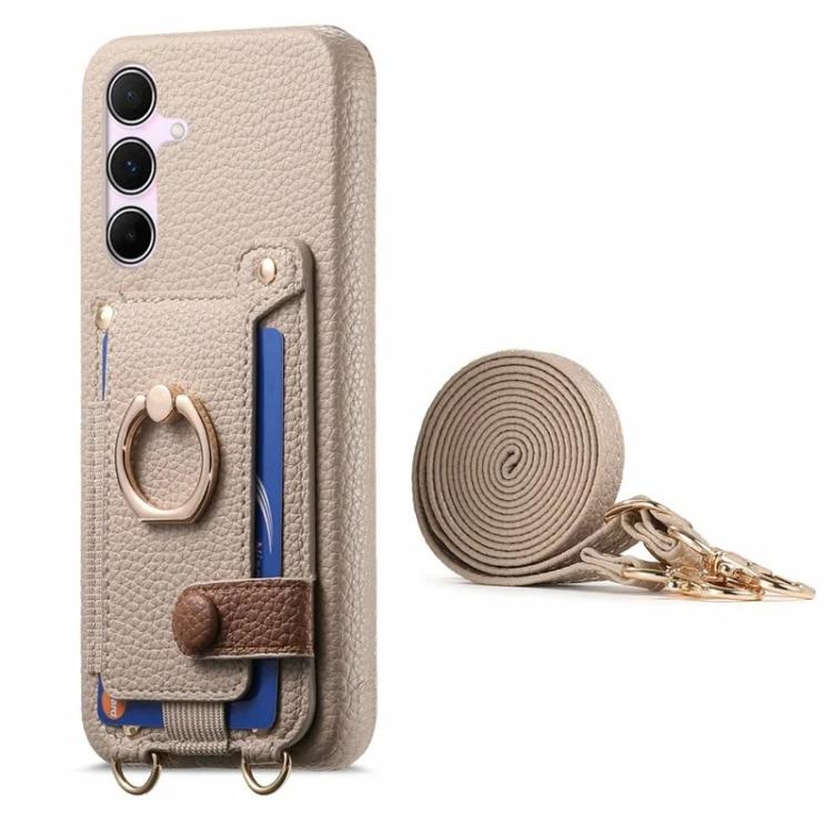 For Samsung Galaxy S24 5G Litchi Texture Card Bag Ring Holder Vegan Leather + PC Phone Case with Shoulder Strap