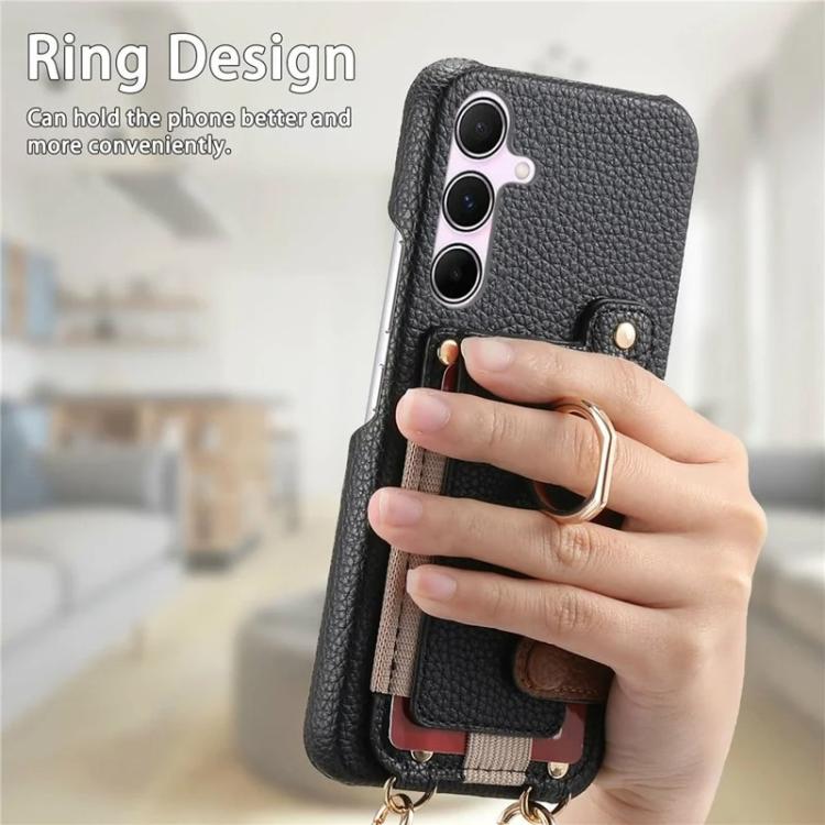 For Samsung Galaxy S25 5G Litchi Texture Card Bag Ring Holder Vegan Leather + PC Phone Case with Shoulder Strap