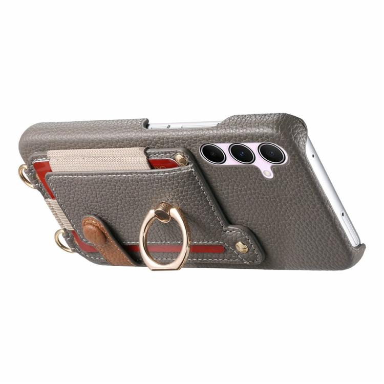 For Samsung Galaxy S25+ 5G Litchi Texture Card Bag Ring Holder Vegan Leather + PC Phone Case with Shoulder Strap