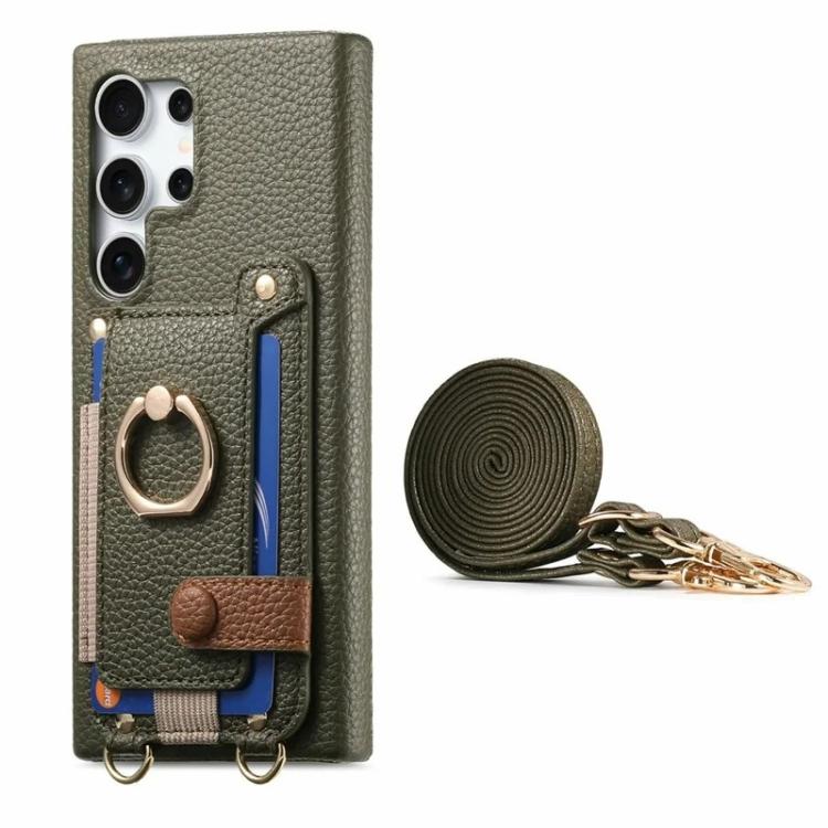 For Samsung Galaxy S25 Ultra 5G Litchi Texture Card Bag Ring Holder Vegan Leather + PC Phone Case with Shoulder Strap