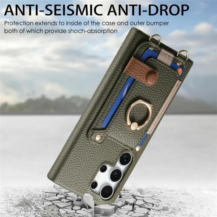 For Samsung Galaxy S25 Ultra 5G Litchi Texture Card Bag Ring Holder Vegan Leather + PC Phone Case with Shoulder Strap