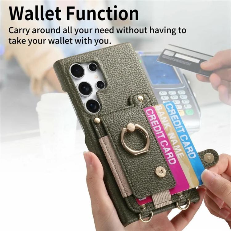 For Samsung Galaxy S25 Ultra 5G Litchi Texture Card Bag Ring Holder Vegan Leather + PC Phone Case with Shoulder Strap