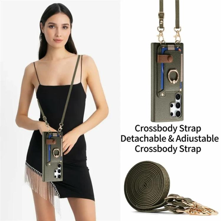 For Samsung Galaxy S25 Ultra 5G Litchi Texture Card Bag Ring Holder Vegan Leather + PC Phone Case with Shoulder Strap