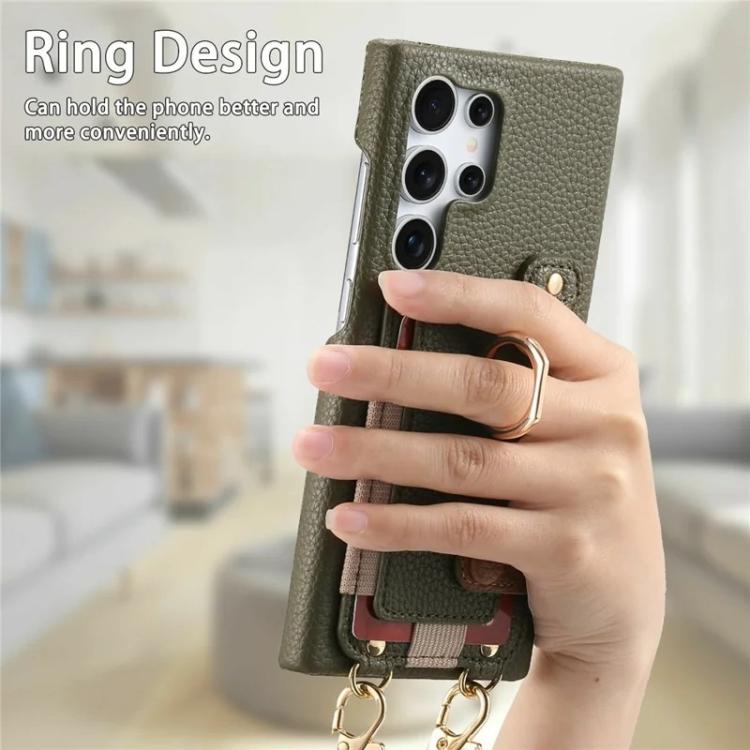 For Samsung Galaxy S25 Ultra 5G Litchi Texture Card Bag Ring Holder Vegan Leather + PC Phone Case with Shoulder Strap