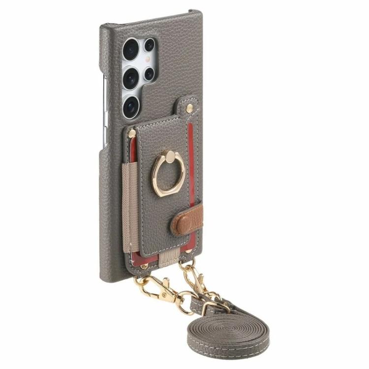 For Samsung Galaxy S25 Ultra 5G Litchi Texture Card Bag Ring Holder Vegan Leather + PC Phone Case with Shoulder Strap