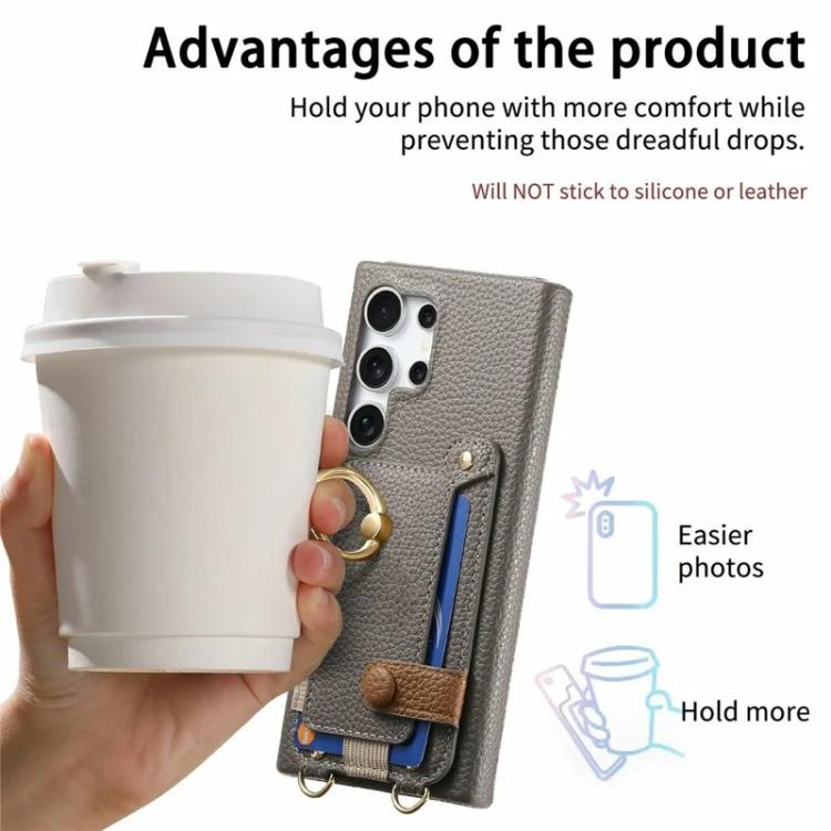 For Samsung Galaxy S25 Ultra 5G Litchi Texture Card Bag Ring Holder Vegan Leather + PC Phone Case with Shoulder Strap