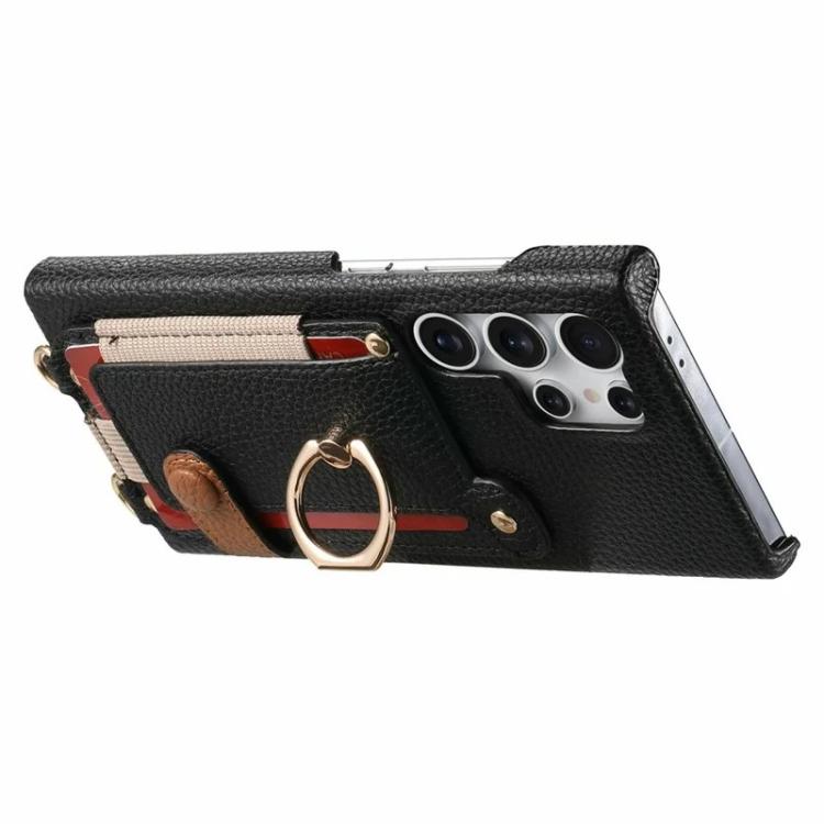 For Samsung Galaxy S25 Ultra 5G Litchi Texture Card Bag Ring Holder Vegan Leather + PC Phone Case with Shoulder Strap
