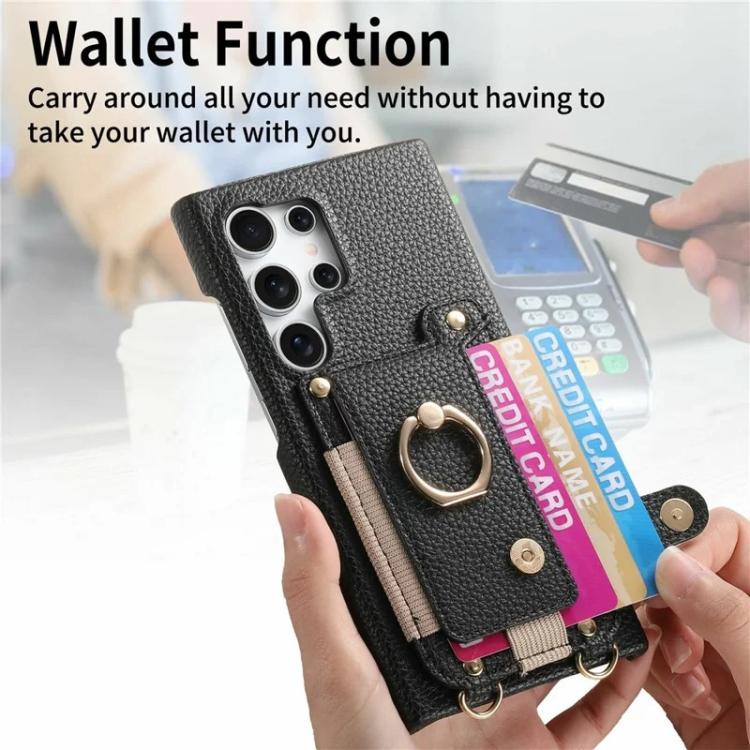 For Samsung Galaxy S25 Ultra 5G Litchi Texture Card Bag Ring Holder Vegan Leather + PC Phone Case with Shoulder Strap