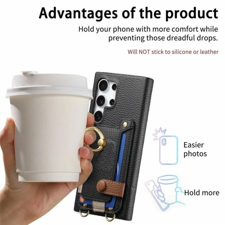 For Samsung Galaxy S25 Ultra 5G Litchi Texture Card Bag Ring Holder Vegan Leather + PC Phone Case with Shoulder Strap