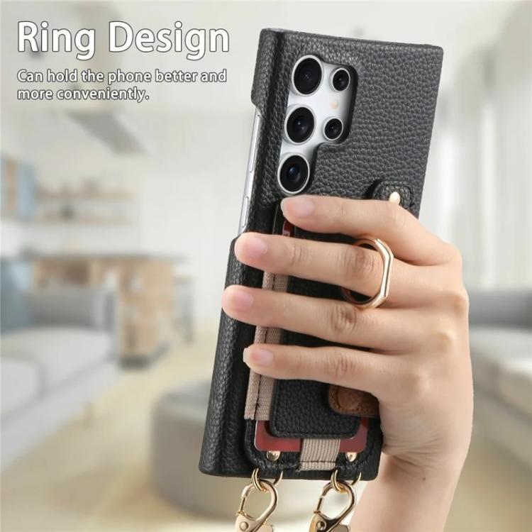 For Samsung Galaxy S25 Ultra 5G Litchi Texture Card Bag Ring Holder Vegan Leather + PC Phone Case with Shoulder Strap