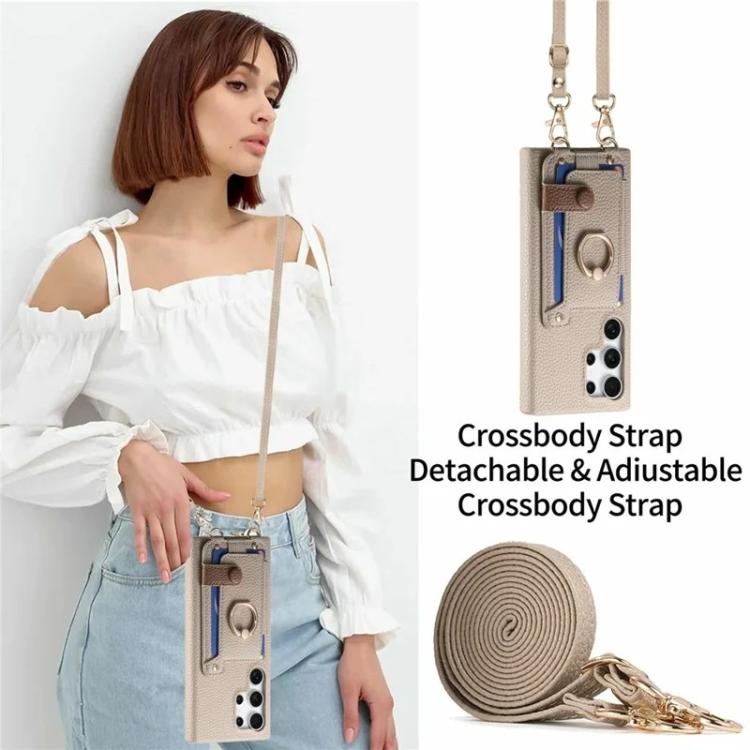 For Samsung Galaxy S25 Ultra 5G Litchi Texture Card Bag Ring Holder Vegan Leather + PC Phone Case with Shoulder Strap