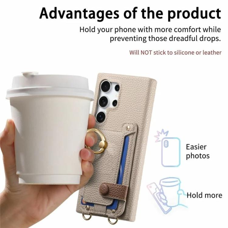 For Samsung Galaxy S25 Ultra 5G Litchi Texture Card Bag Ring Holder Vegan Leather + PC Phone Case with Shoulder Strap