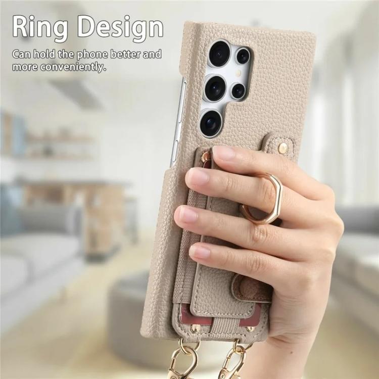 For Samsung Galaxy S25 Ultra 5G Litchi Texture Card Bag Ring Holder Vegan Leather + PC Phone Case with Shoulder Strap