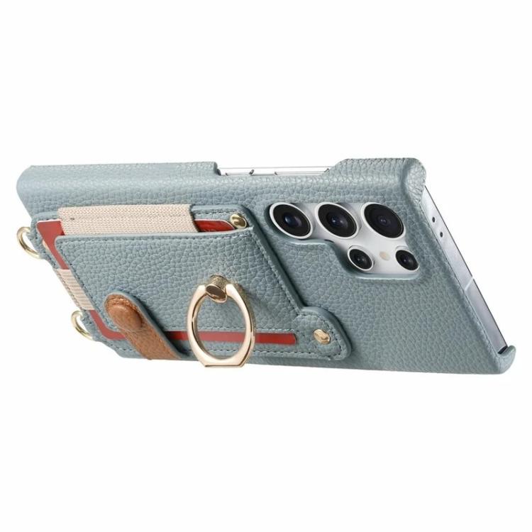 For Samsung Galaxy S25 Ultra 5G Litchi Texture Card Bag Ring Holder Vegan Leather + PC Phone Case with Shoulder Strap