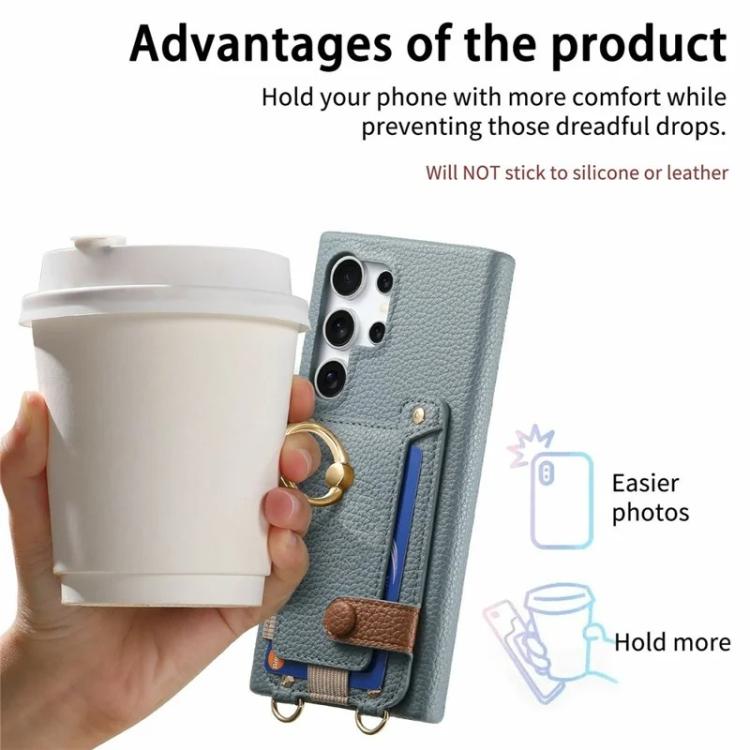 For Samsung Galaxy S25 Ultra 5G Litchi Texture Card Bag Ring Holder Vegan Leather + PC Phone Case with Shoulder Strap