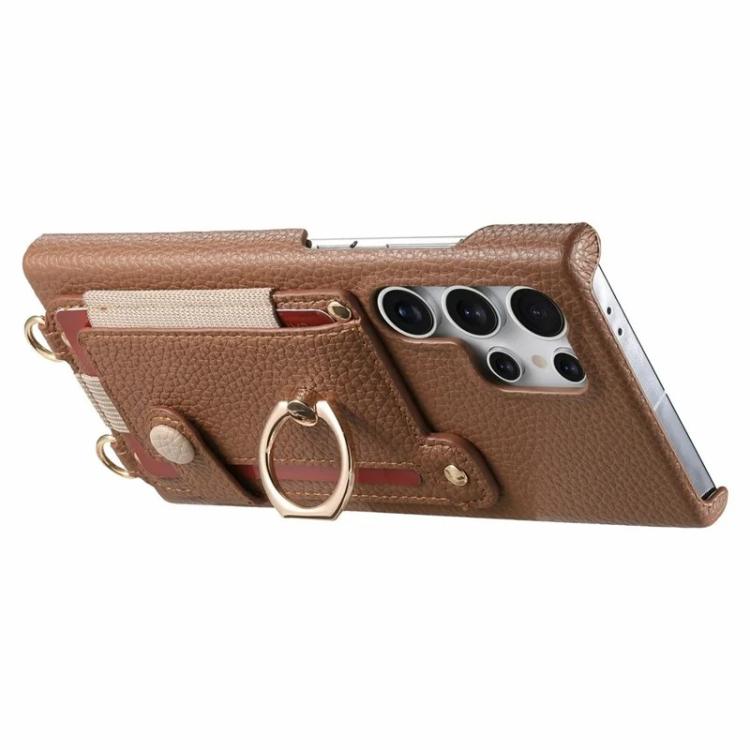 For Samsung Galaxy S25 Ultra 5G Litchi Texture Card Bag Ring Holder Vegan Leather + PC Phone Case with Shoulder Strap