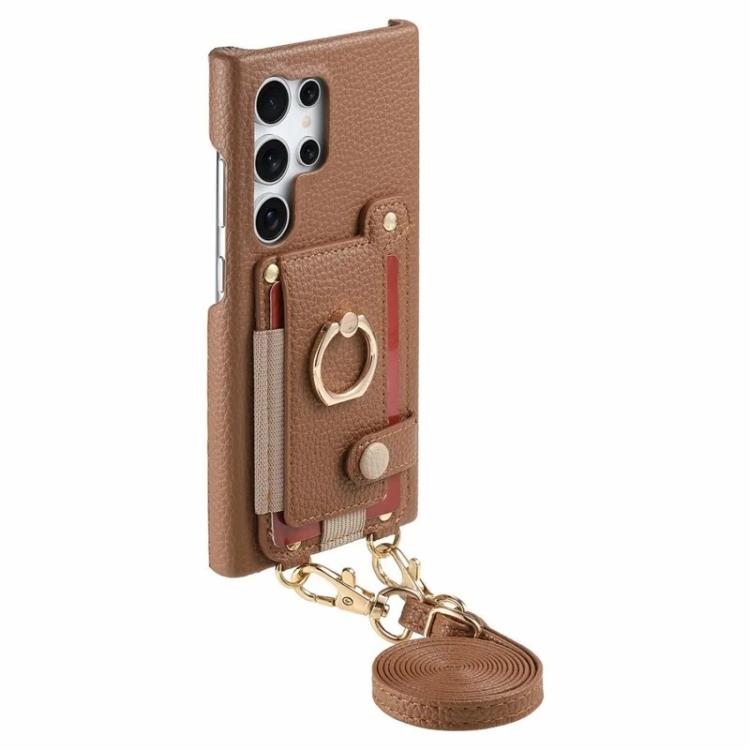 For Samsung Galaxy S25 Ultra 5G Litchi Texture Card Bag Ring Holder Vegan Leather + PC Phone Case with Shoulder Strap