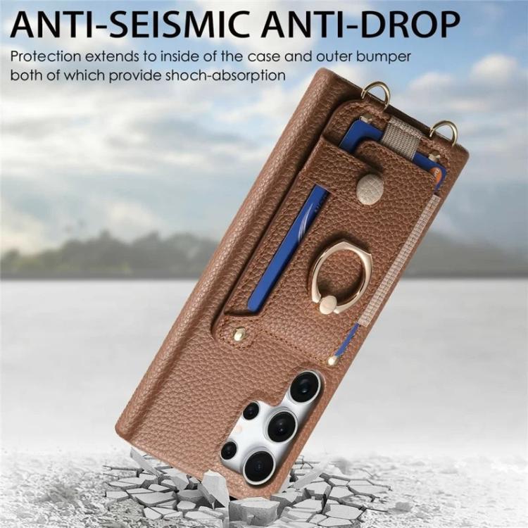 For Samsung Galaxy S25 Ultra 5G Litchi Texture Card Bag Ring Holder Vegan Leather + PC Phone Case with Shoulder Strap
