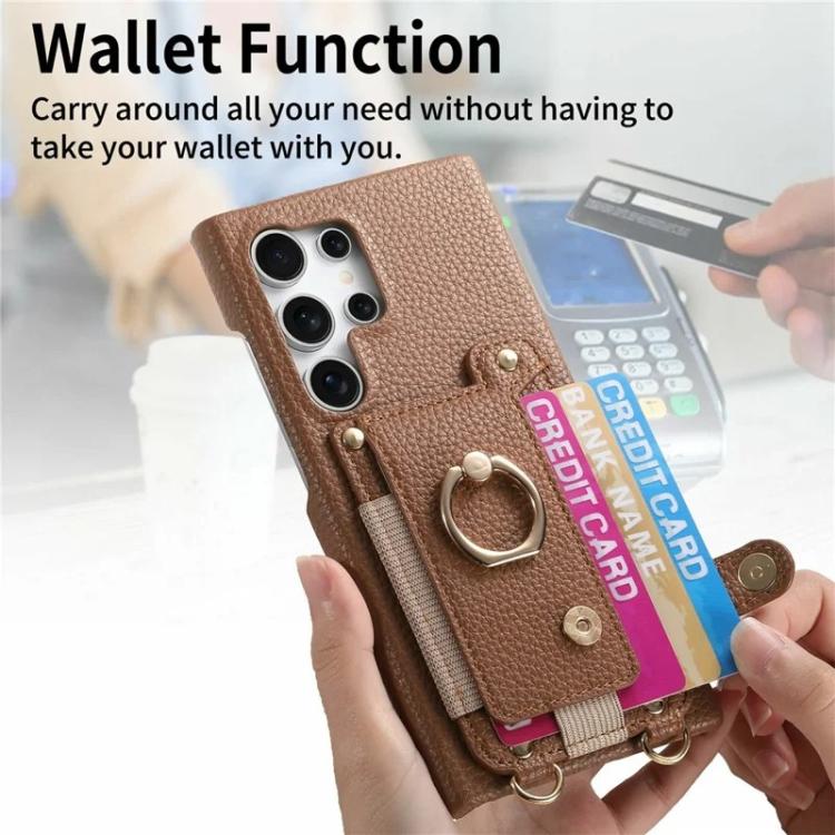 For Samsung Galaxy S25 Ultra 5G Litchi Texture Card Bag Ring Holder Vegan Leather + PC Phone Case with Shoulder Strap