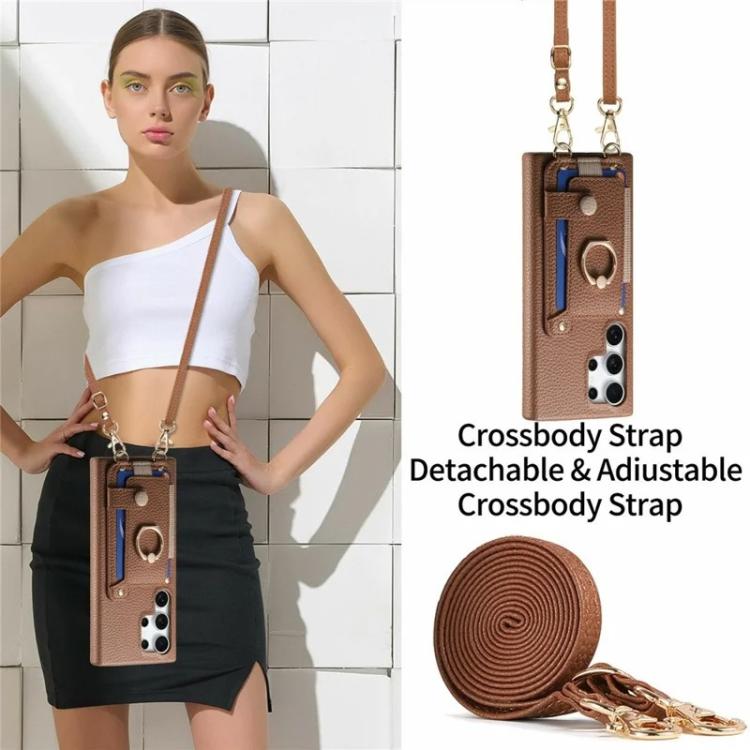 For Samsung Galaxy S25 Ultra 5G Litchi Texture Card Bag Ring Holder Vegan Leather + PC Phone Case with Shoulder Strap