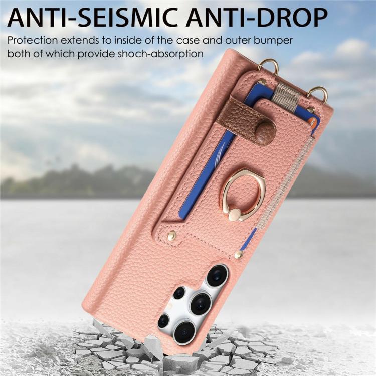 For Samsung Galaxy S25 Ultra 5G Litchi Texture Card Bag Ring Holder Vegan Leather + PC Phone Case with Shoulder Strap