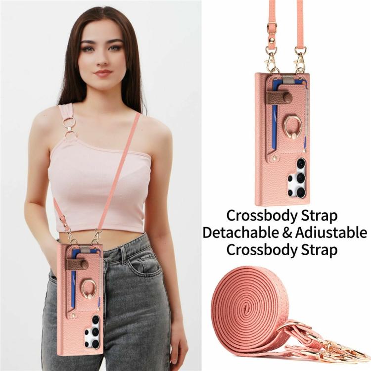 For Samsung Galaxy S25 Ultra 5G Litchi Texture Card Bag Ring Holder Vegan Leather + PC Phone Case with Shoulder Strap