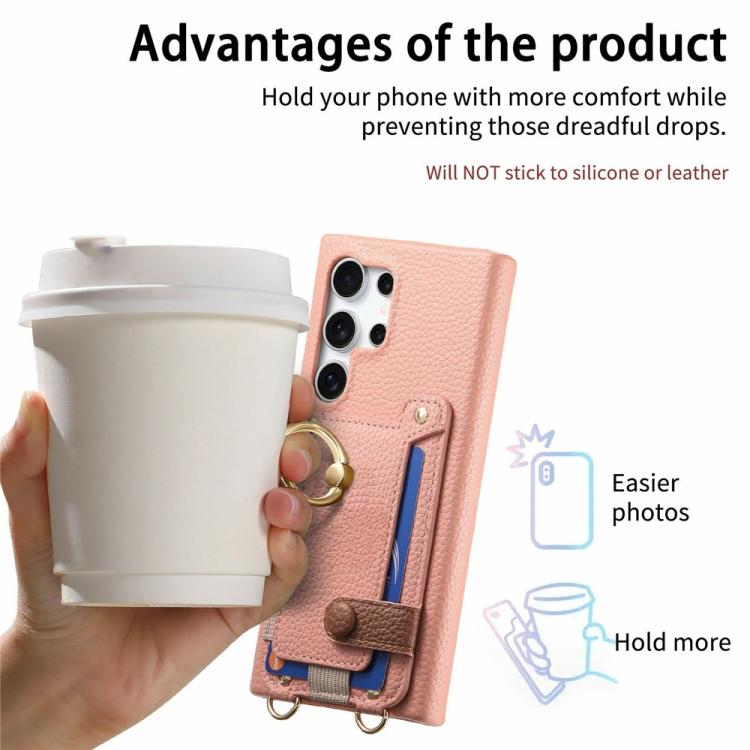 For Samsung Galaxy S25 Ultra 5G Litchi Texture Card Bag Ring Holder Vegan Leather + PC Phone Case with Shoulder Strap