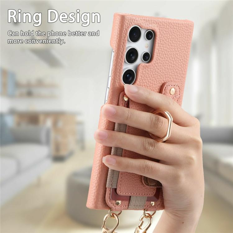 For Samsung Galaxy S25 Ultra 5G Litchi Texture Card Bag Ring Holder Vegan Leather + PC Phone Case with Shoulder Strap