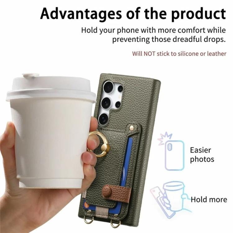 For Samsung Galaxy S26 Ultra 5G Litchi Texture Card Bag Ring Holder Vegan Leather + PC Phone Case with Shoulder Strap