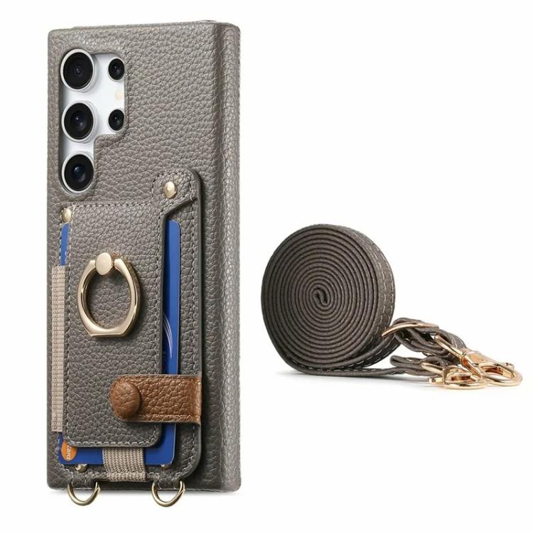 For Samsung Galaxy S26 Ultra 5G Litchi Texture Card Bag Ring Holder Vegan Leather + PC Phone Case with Shoulder Strap