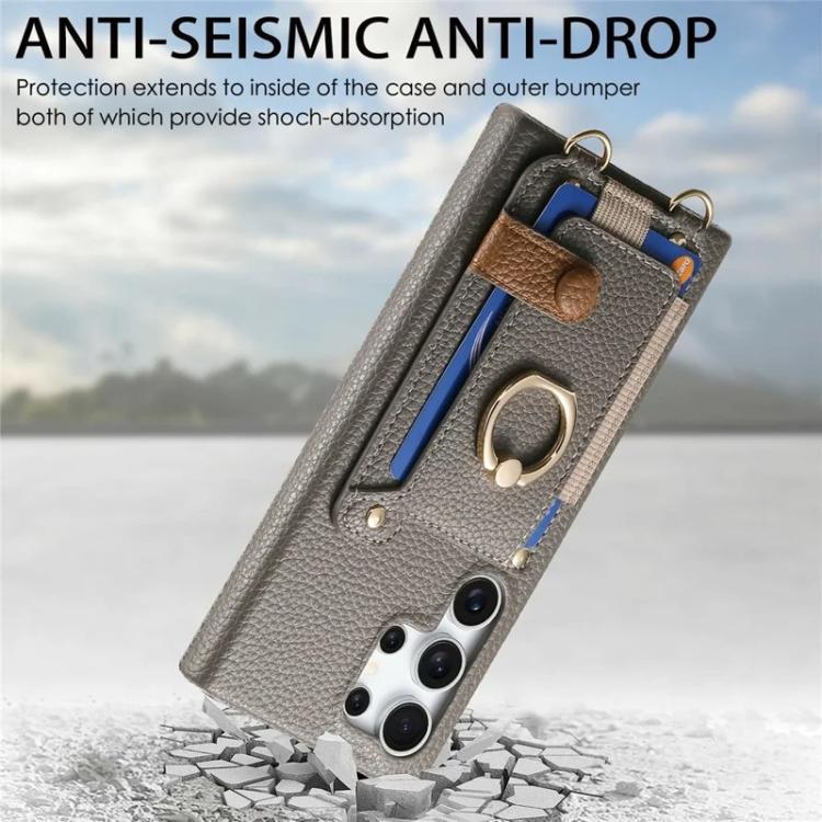 For Samsung Galaxy S26 Ultra 5G Litchi Texture Card Bag Ring Holder Vegan Leather + PC Phone Case with Shoulder Strap