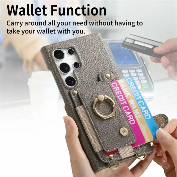For Samsung Galaxy S26 Ultra 5G Litchi Texture Card Bag Ring Holder Vegan Leather + PC Phone Case with Shoulder Strap