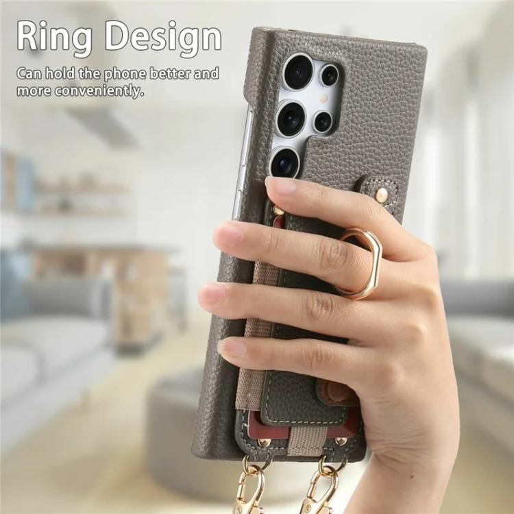 For Samsung Galaxy S26 Ultra 5G Litchi Texture Card Bag Ring Holder Vegan Leather + PC Phone Case with Shoulder Strap