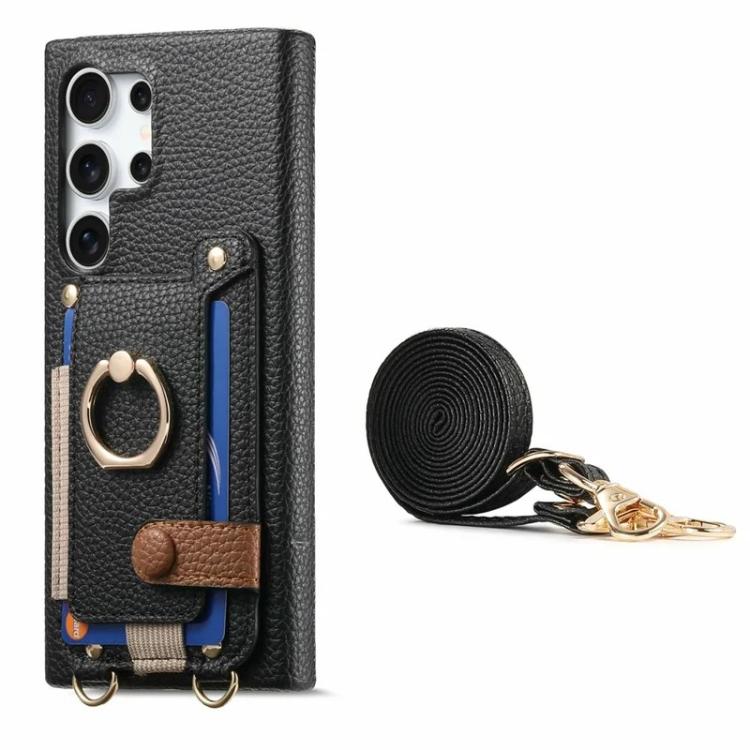 For Samsung Galaxy S26 Ultra 5G Litchi Texture Card Bag Ring Holder Vegan Leather + PC Phone Case with Shoulder Strap